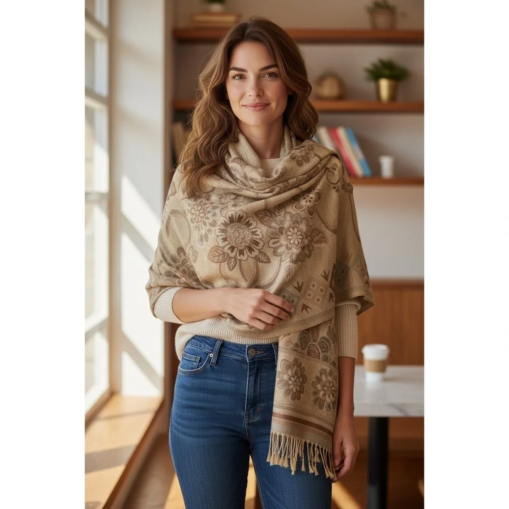 Tan Floral Paisley Jacquard Pashmina Wrap Scarf Fringe Bohemian Shawl 70x26